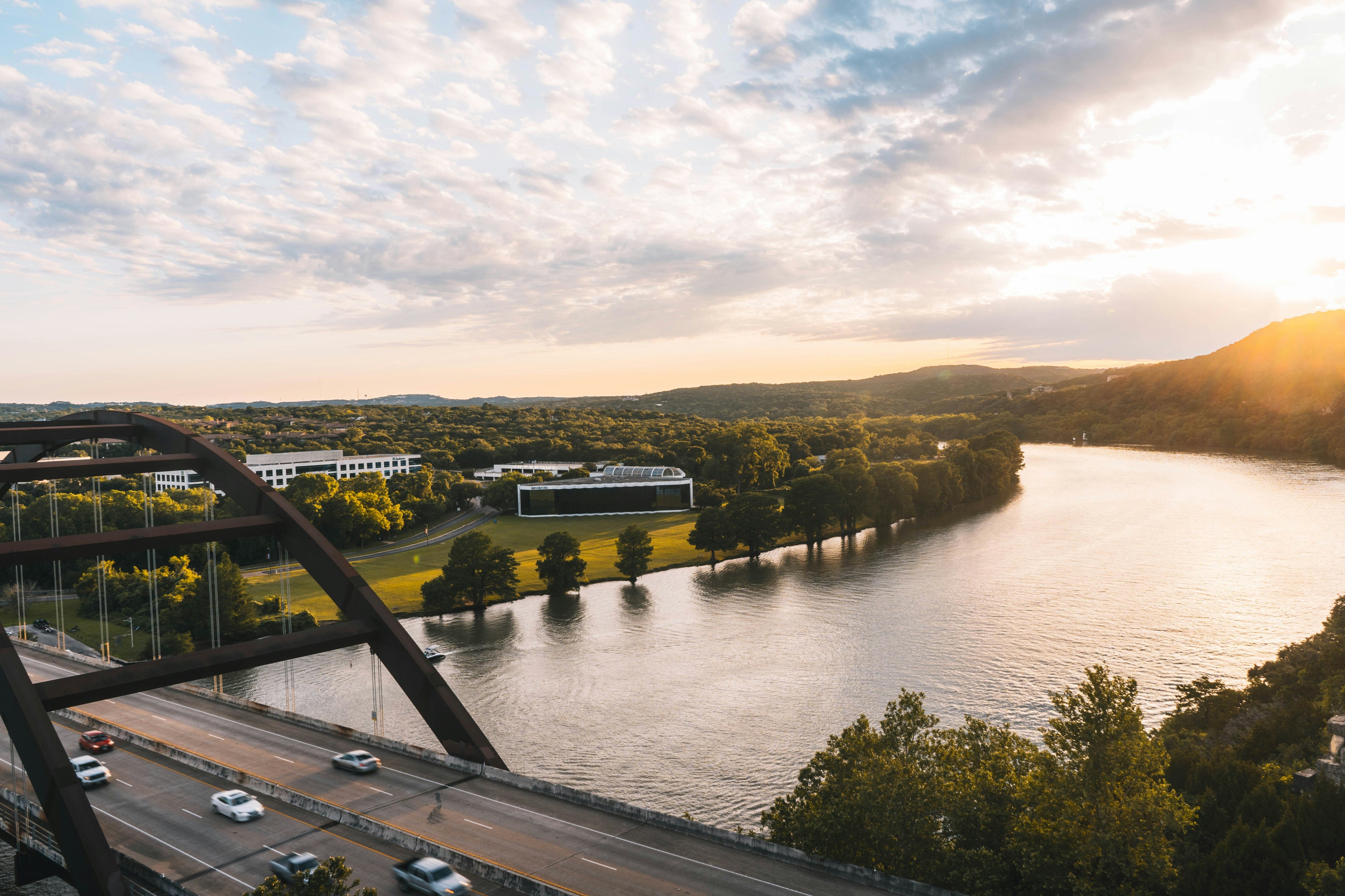 Cityscape with Austin 360 bridge over the river during sunset