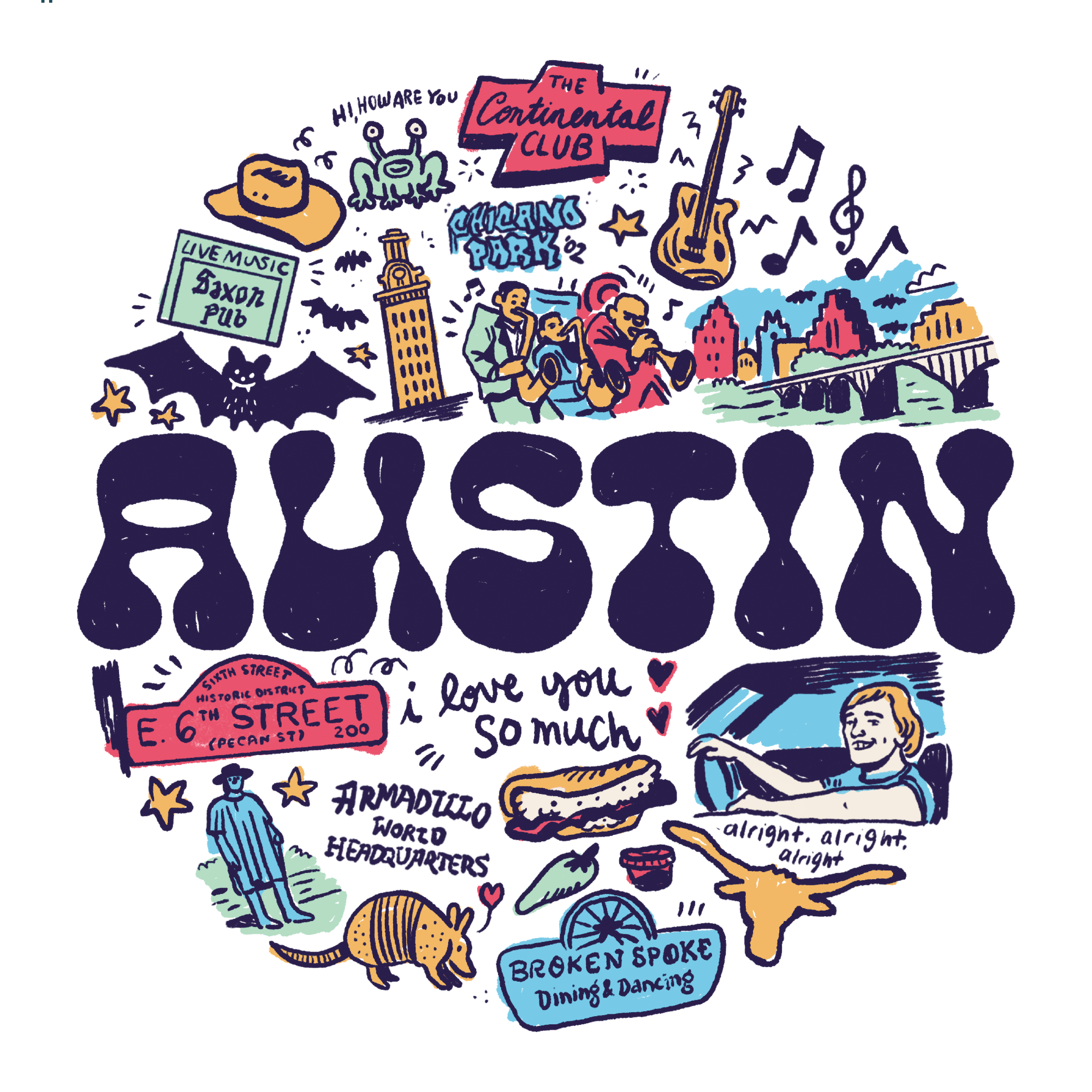 Illustrative design of Austin with various elements and text on a white background