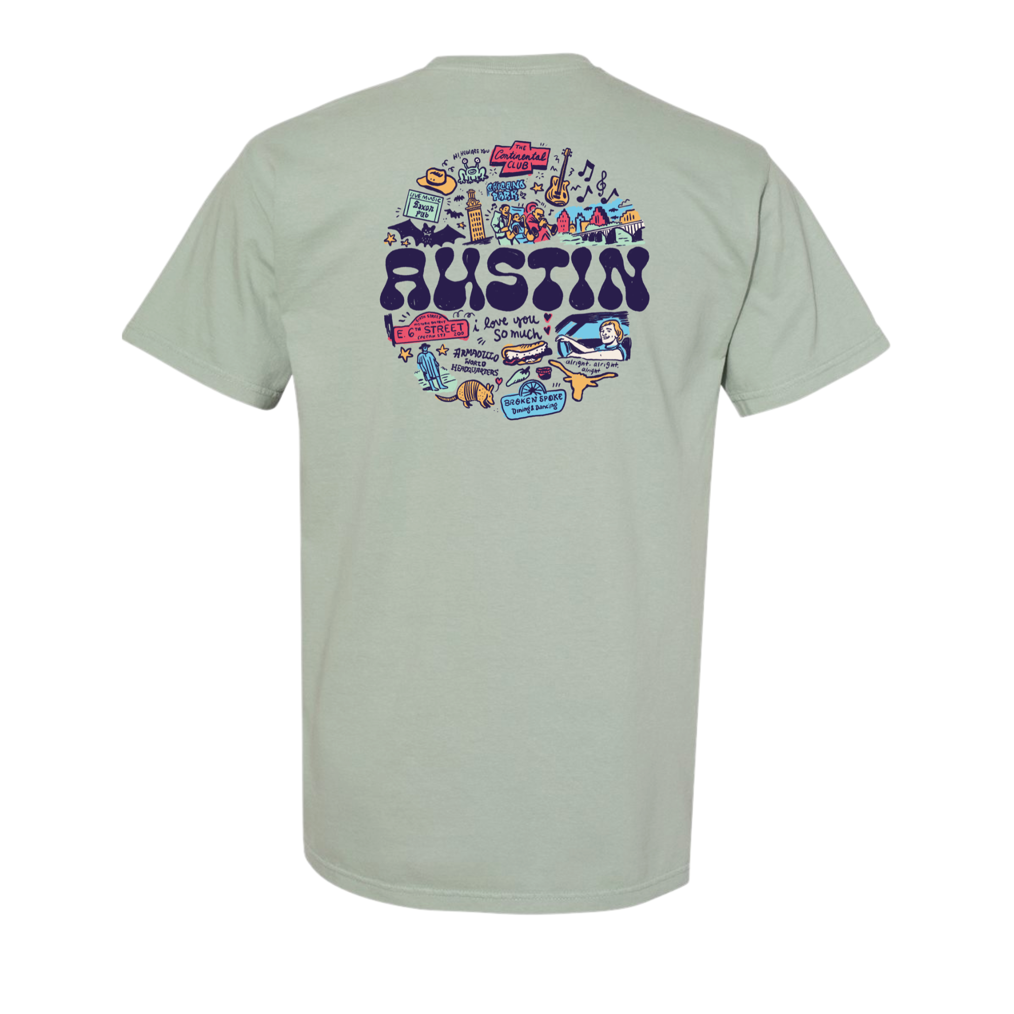 Light green t-shirt with colorful 'Austin' graphic on the back.