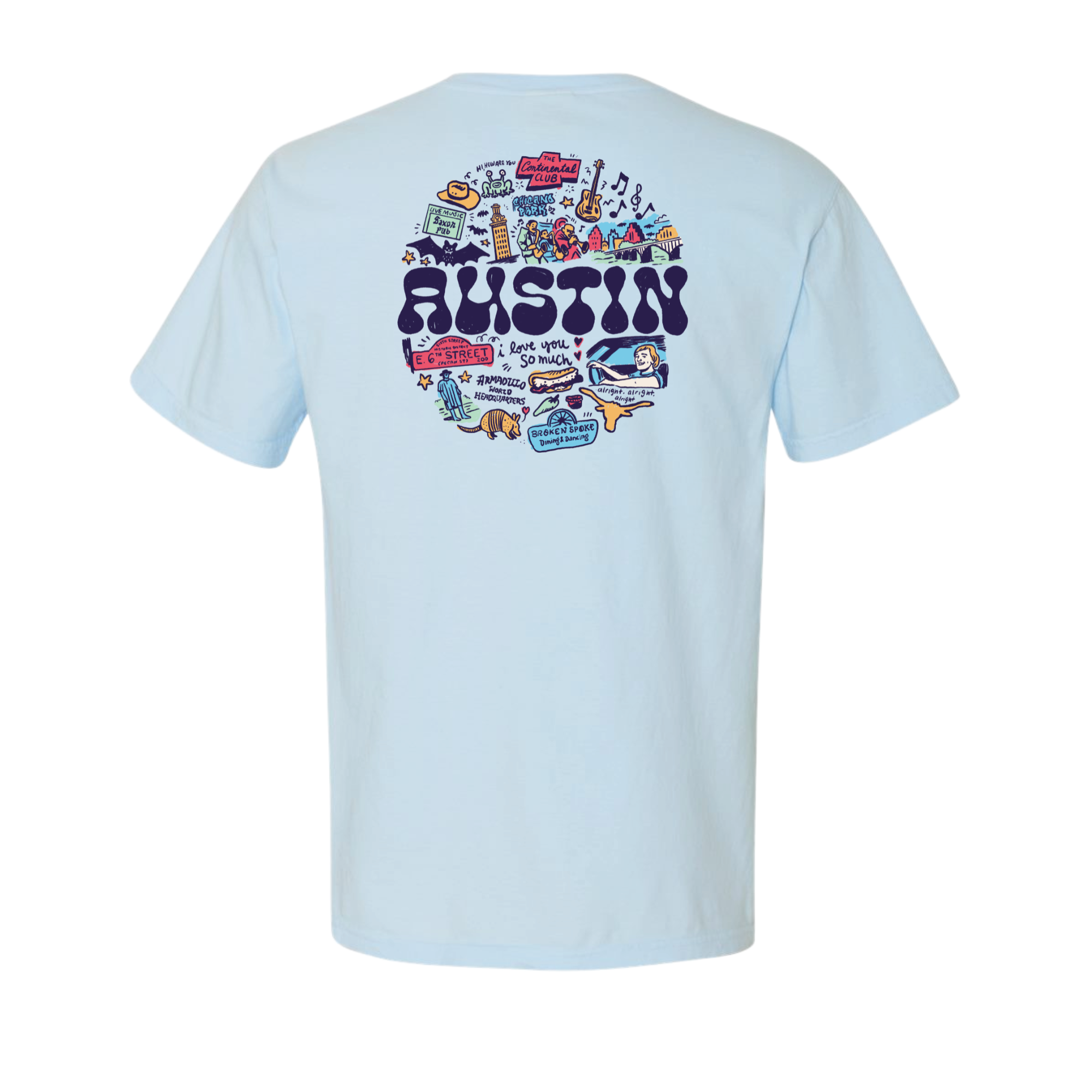 Light blue t-shirt with colorful 'Austin' graphic on the back.
