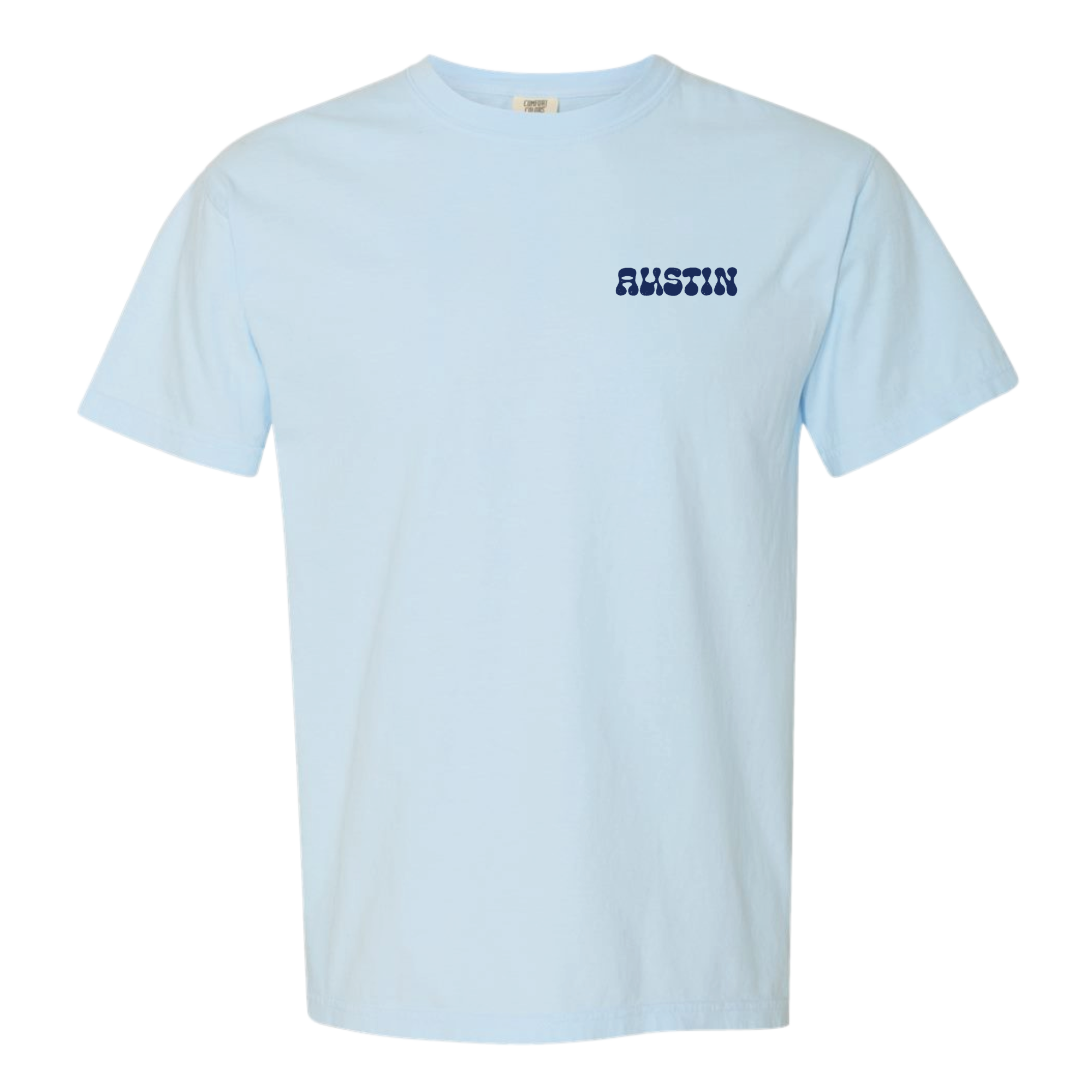 Light blue t-shirt with 'AUSTIN' printed on  pocket