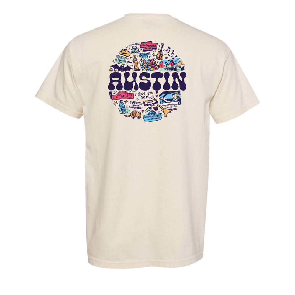Ivory t-shirt with colorful 'Austin' graphic on the back