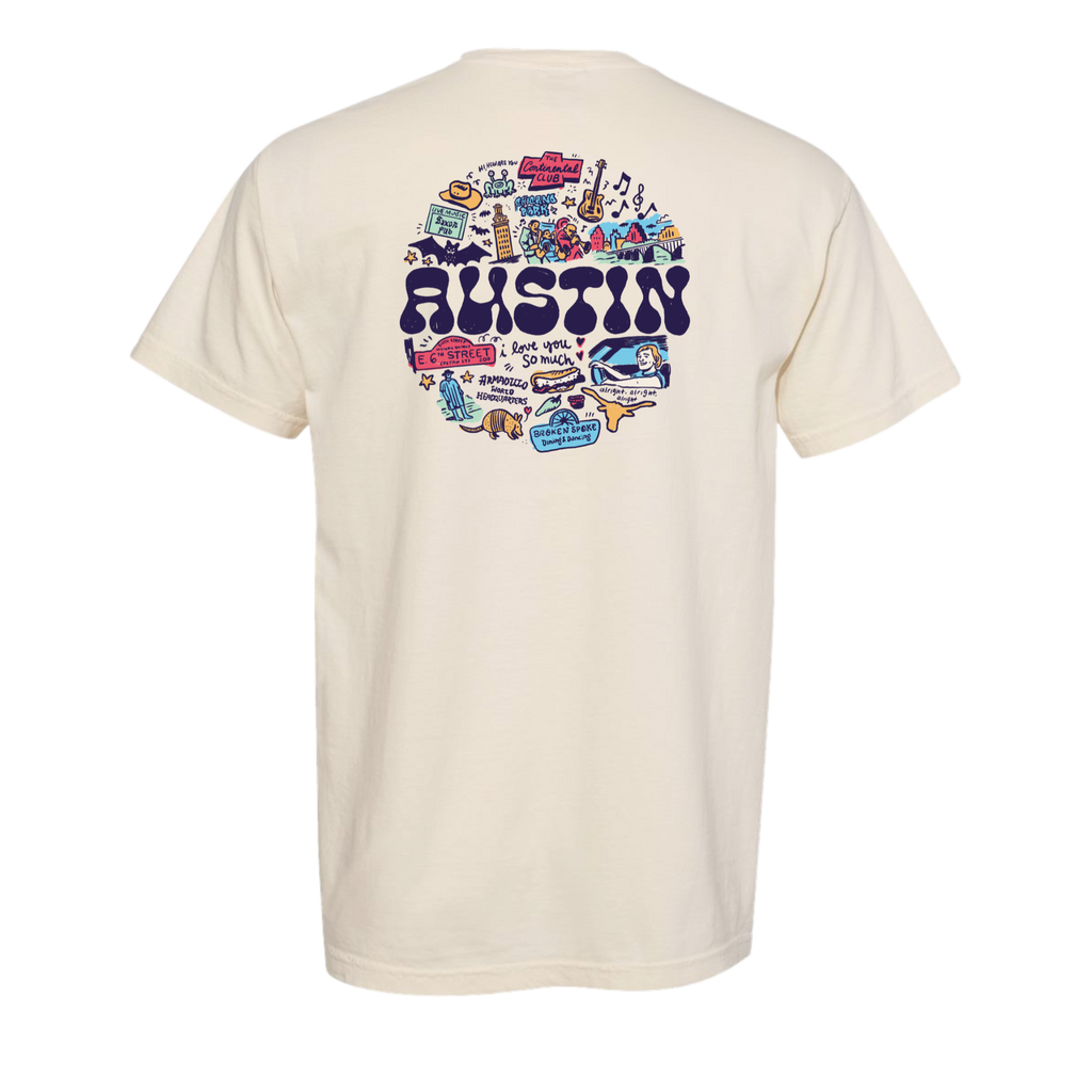 Ivory t-shirt with colorful 'Austin' graphic on the back