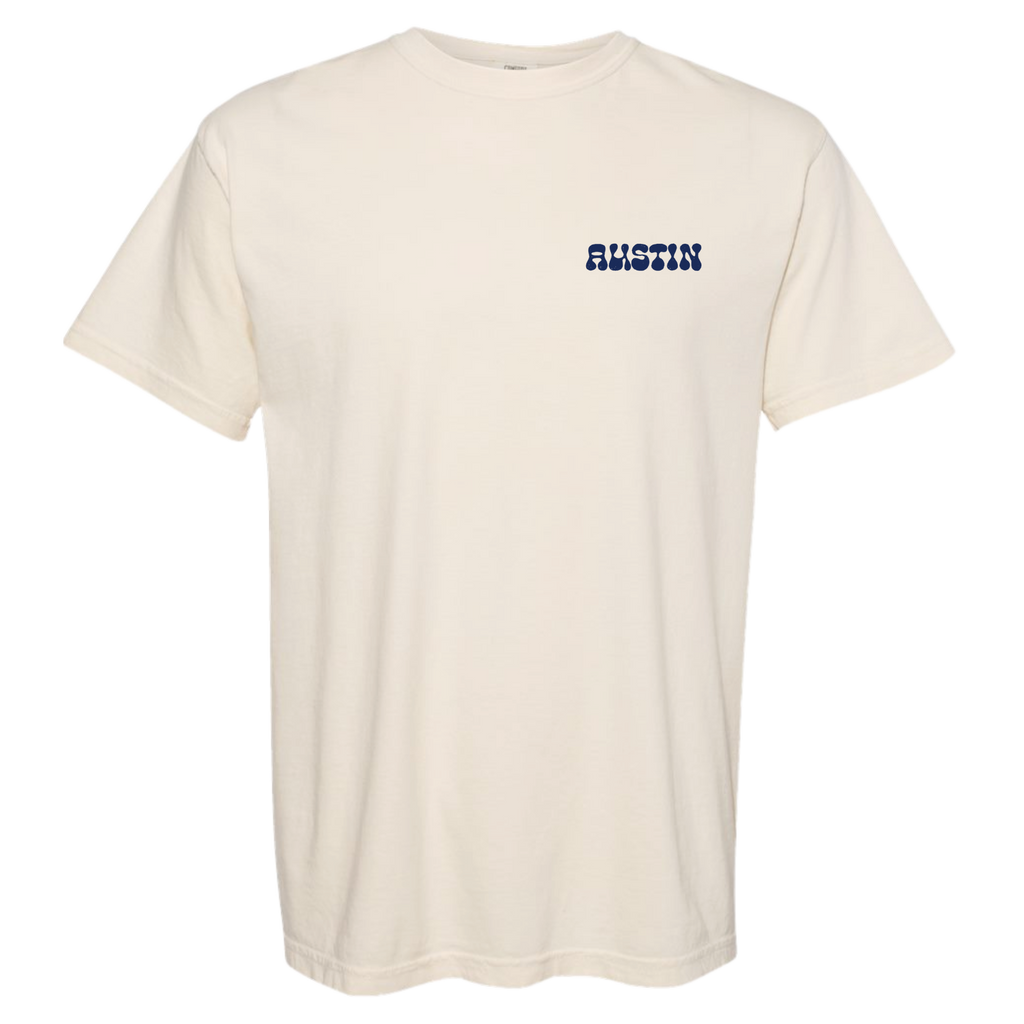 Ivory t-shirt with 'AUSTIN' printed on  pocket