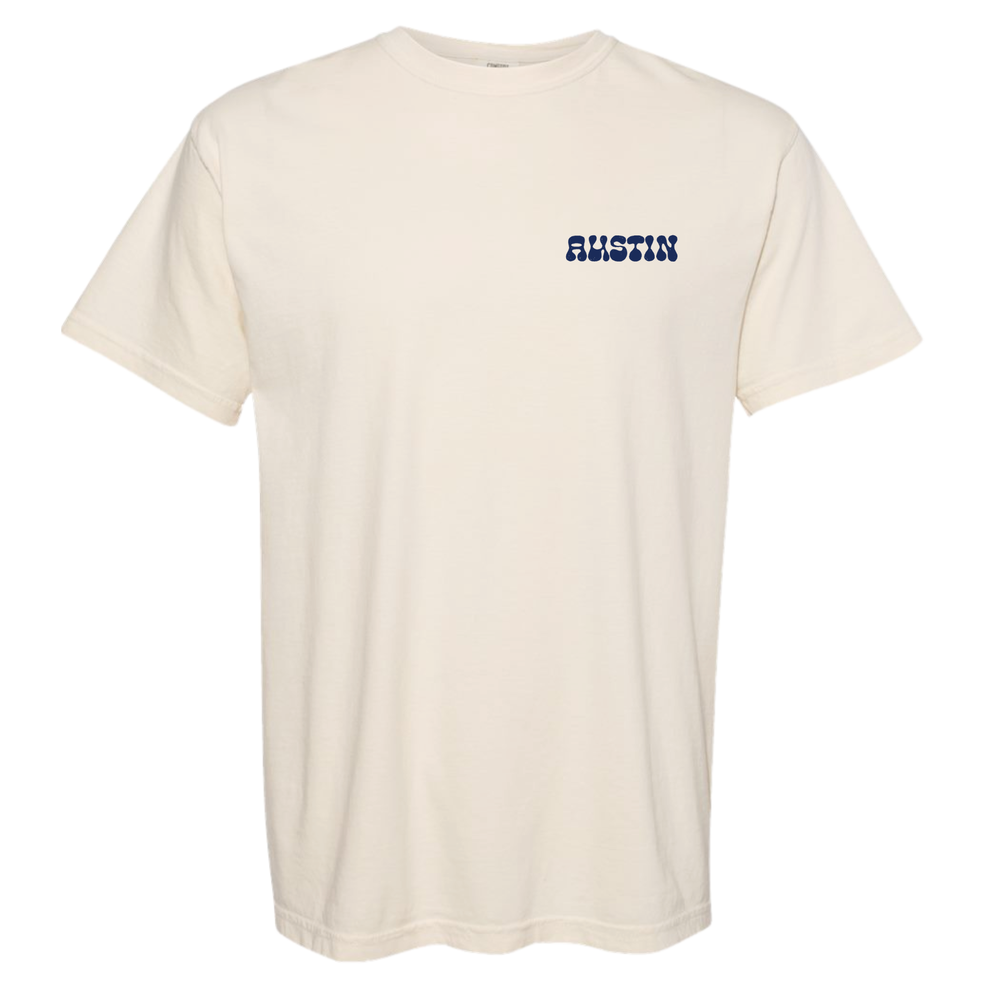 Ivory t-shirt with 'AUSTIN' printed on  pocket